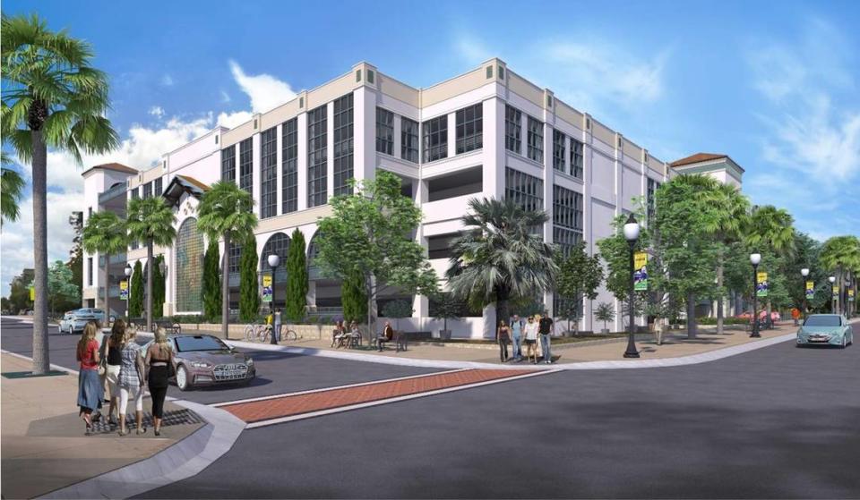 A rendering shows the view from Palm and Nipomo streets of the new Cultural Arts District Parking Structure in downtown San Luis Obispo. Work began on the property May 1, 2023.