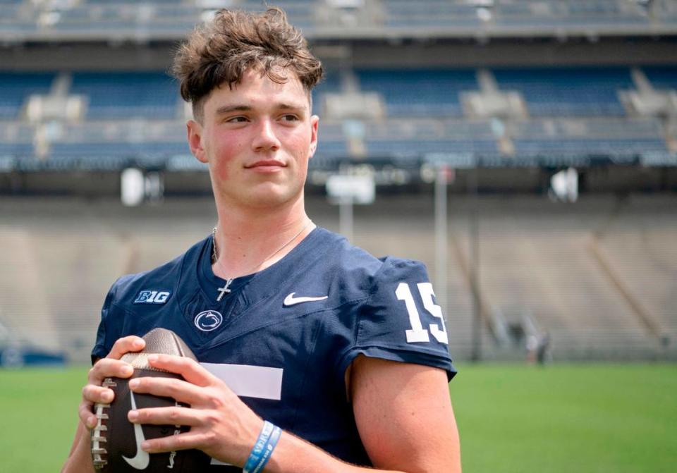 Penn State quarterback Drew Allar poses for a photo in Beaver Stadium during media day on Sunday, Aug. 6, 2023. Abby Drey/adrey@centredaily.com