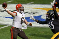 Pittsburgh Steelers inside linebacker Devin Bush (55) pressures Cleveland Browns quarterback Baker Mayfield (6) during the first half of an NFL football game, Sunday, Oct. 18, 2020, in Pittsburgh. Steelers head coach Mike Tomlin said in the post game news conference that Bush suffered a significant injury to a knee later in the half. The Steelers won 38-7. (AP Photo/Gene J. Puskar)