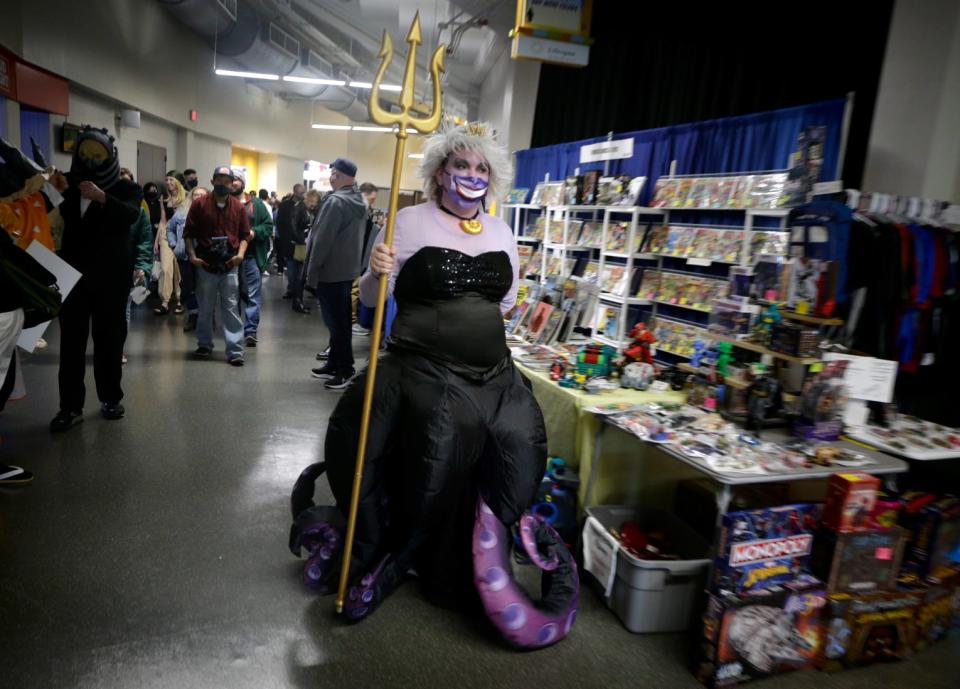 Kristi Mitchell walks through the 2021 Rhode Island Comic Con in her handmade Ursula costume, from Disney's "The Little Mermaid."