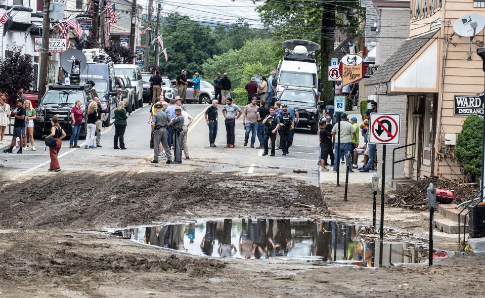 Main Street in Highland Falls, N.Y. is seen July 10, 2023 after it was torn up by torrential storms Sunday evening. The heavy rains led to flash flooding and at least one fatality in New York’s Hudson Valley 