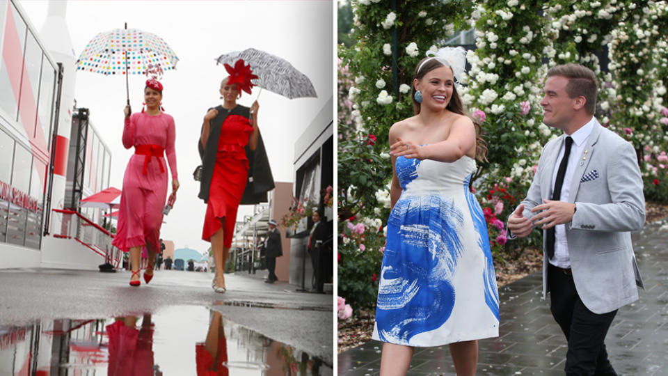 A bit of rain isn’t going to be enough to keep punters away from Flemington. Images: AAP