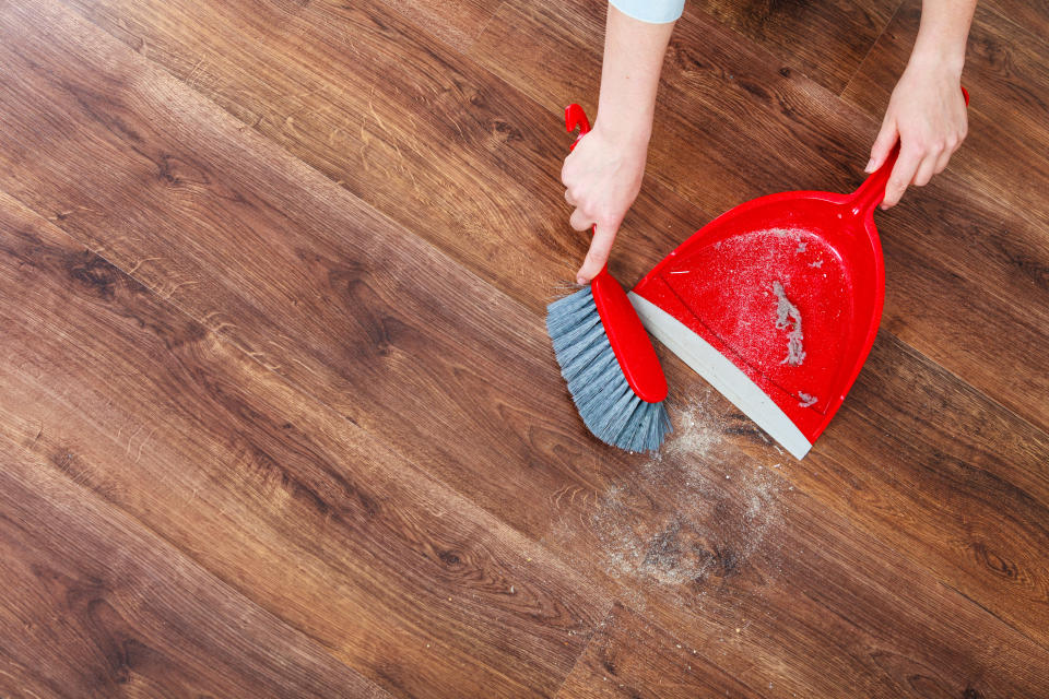 Cleanup housework concept. Closeup cleaning woman sweeping wooden floor with red small whisk broom and dustpan indoor