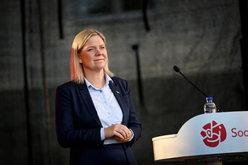 FILE PHOTO: Swedish Prime Minister Magdalena Andersson, party leader of the Social Democrats, gives a speech