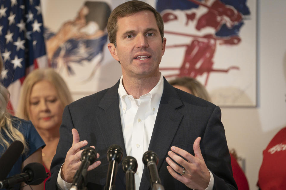 Kentucky democratic gubernatorial candidate and Attorney General Andy Beshear speaks to the media during a press conference at the Muhammad Ali Center, Wednesday, Nov. 6, 2019, in Louisville, Ky. (AP Photo/Bryan Woolston)