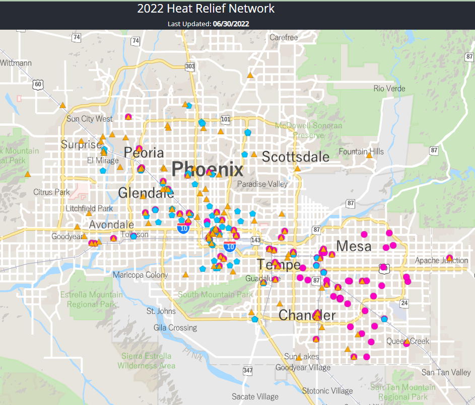 The Heat Relief Network, a regional partnership of the Maricopa Association of Governments and various community organizations, helps coordinate cooling center action by maintaining a map of cooling, hydration and donation center locations throughout Phoenix, among other contributions.