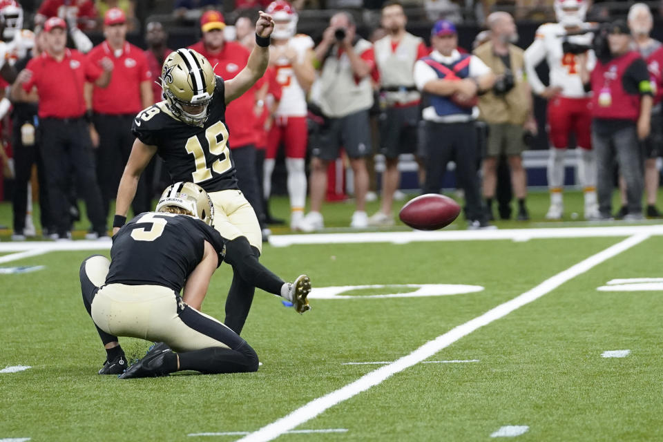 New Orleans Saints place-kicker Blake Grupe (19) kicks a game winning field goal in the second half of a preseason NFL football game against the Kansas City Chiefs in New Orleans, Sunday, Aug. 13, 2023. (AP Photo/Gerald Herbert)