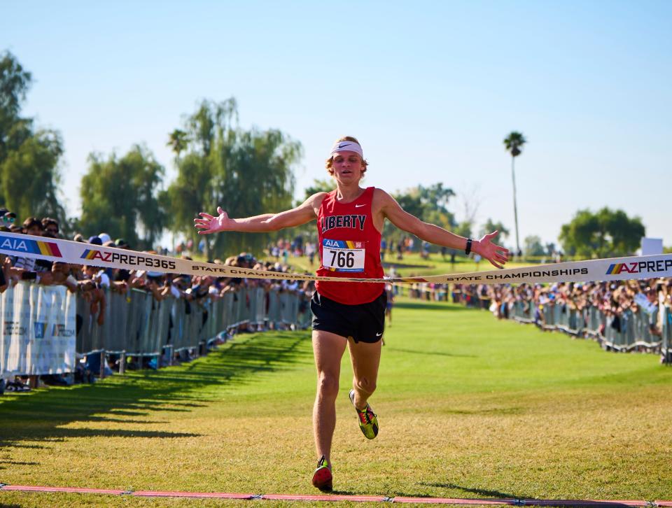 Liberty Lion Ryan Denhof won the Boys D1 5K with an official time of 15:46.3 during the AIA Cross Country State Championships on Nov 4, 2023, at Cave Creek Golf Course in Phoenix.