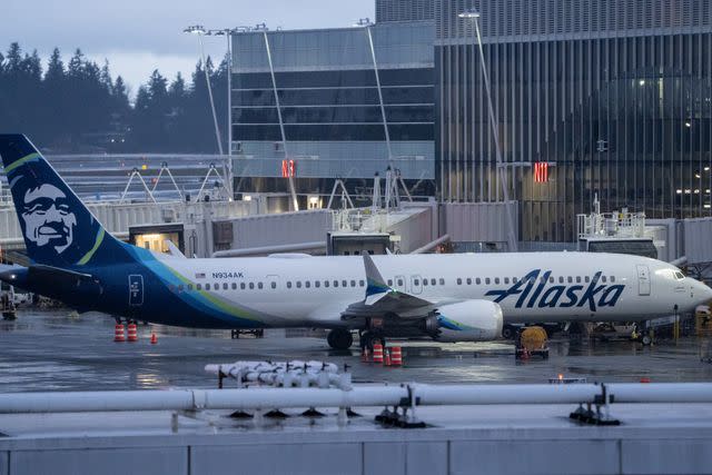 <p>Stephen Brashear/Getty</p> An Alaska Airlines Boeing 737 MAX 9 plane.