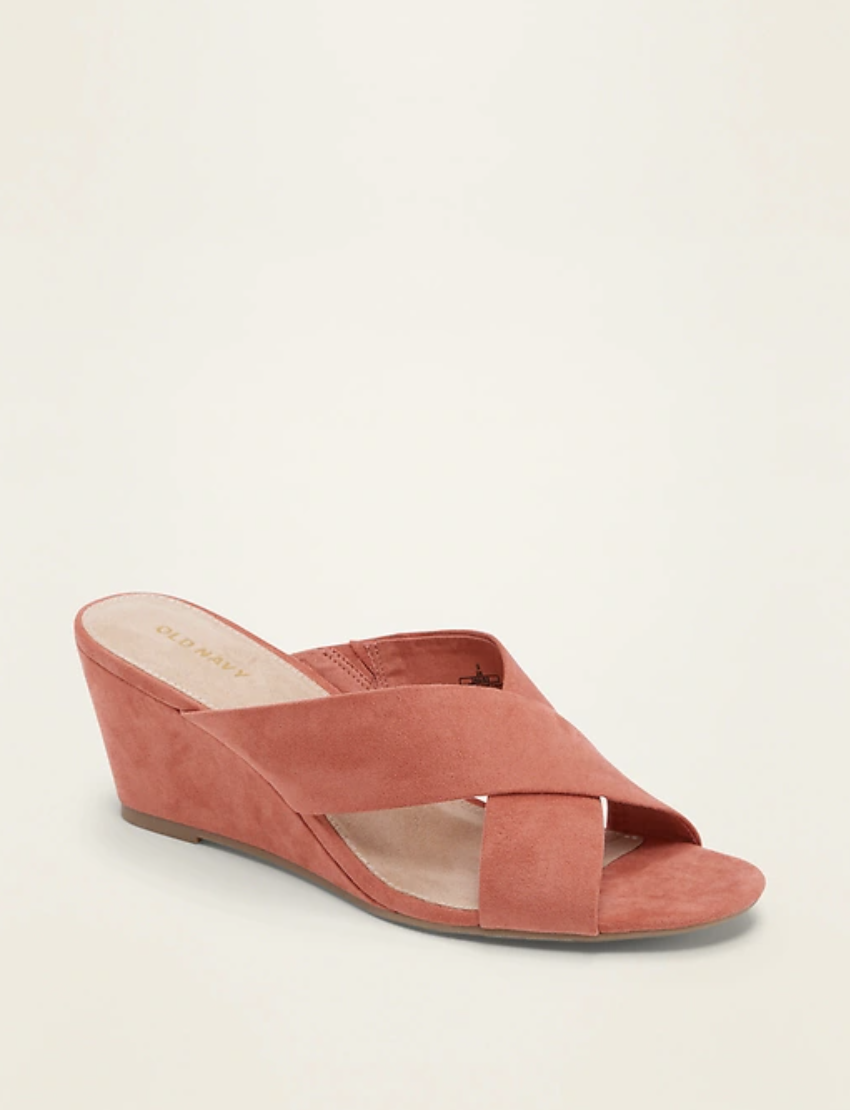 Faux-Suede Cross-Strap Wedge Sandals in Desert Rose (Photo via Old Navy)