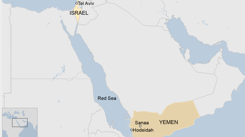 Map showing Hodeidah and Sanaa in Yemen, and Tel Aviv in Israel