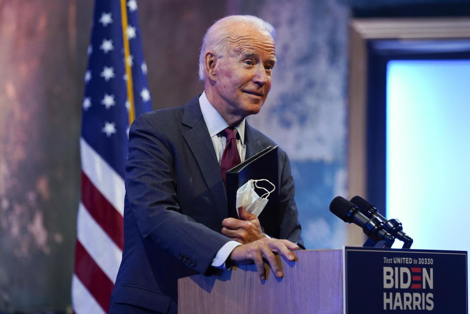 Democratic presidential candidate former Vice President Joe Biden gives a speech on the Supreme Court at The Queen Theater, Sunday, Sept. 27, 2020, in Wilmington, Del. (AP Photo/Andrew Harnik)