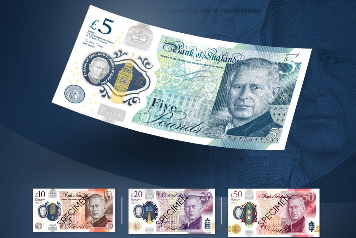A portrait of King Charles III is the only change to the existing designs of all four polymer banknotes: £5, £10, £20 and £50 (Bank of England/AFP via Getty Images)