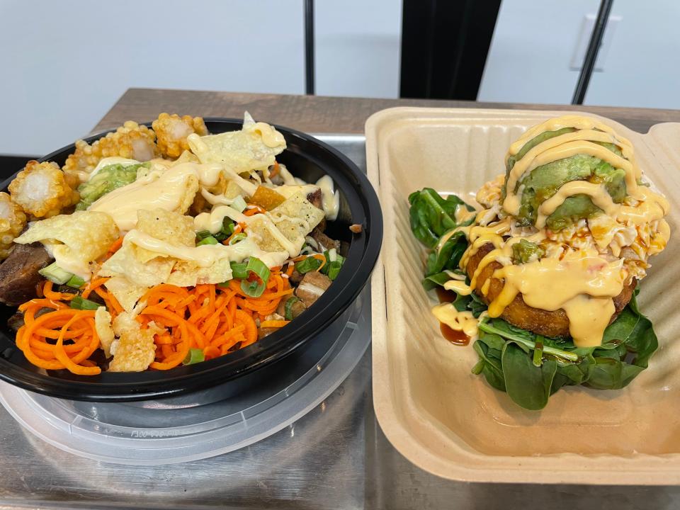 The Trio bowl (left) and the Dyno burrito (right) are two of the Asian-fusion dishes available at Roll On In.