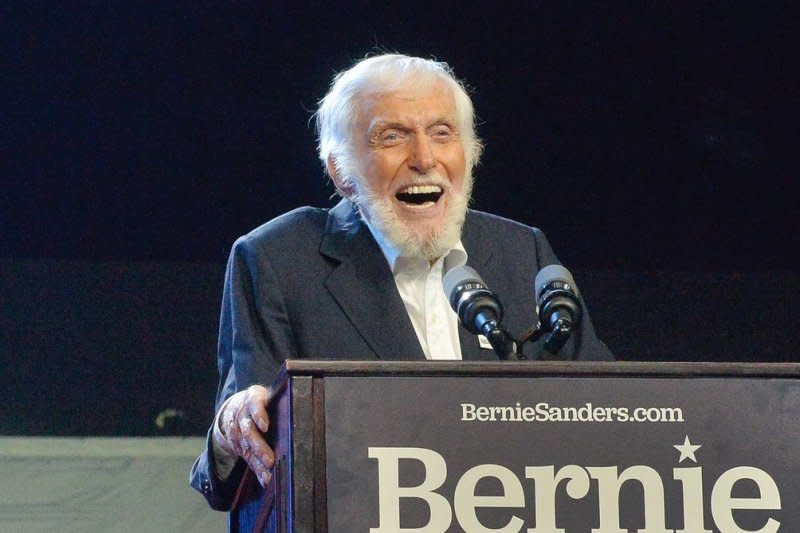 Richard Van Dyke speaks during a campaign rally on behalf of presidential hopeful Bernie Sanders at the Los Angeles Convention Center on March 1, 2020. The actor turns 98 on December 13. File Photo by Jim Ruymen/UPI