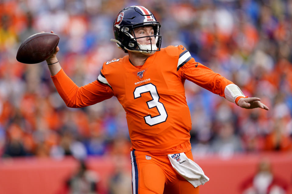 Denver Broncos quarterback Drew Lock (3) throws against the Detroit Lions during the first half of an NFL football game, Sunday, Dec. 22, 2019, in Denver. (AP Photo/Jack Dempsey)