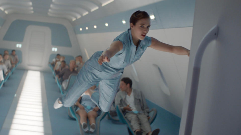 Jessica Brown Findlay experiences weightlessness in 'Brave New World'. (Credit: Sky/Peacock)