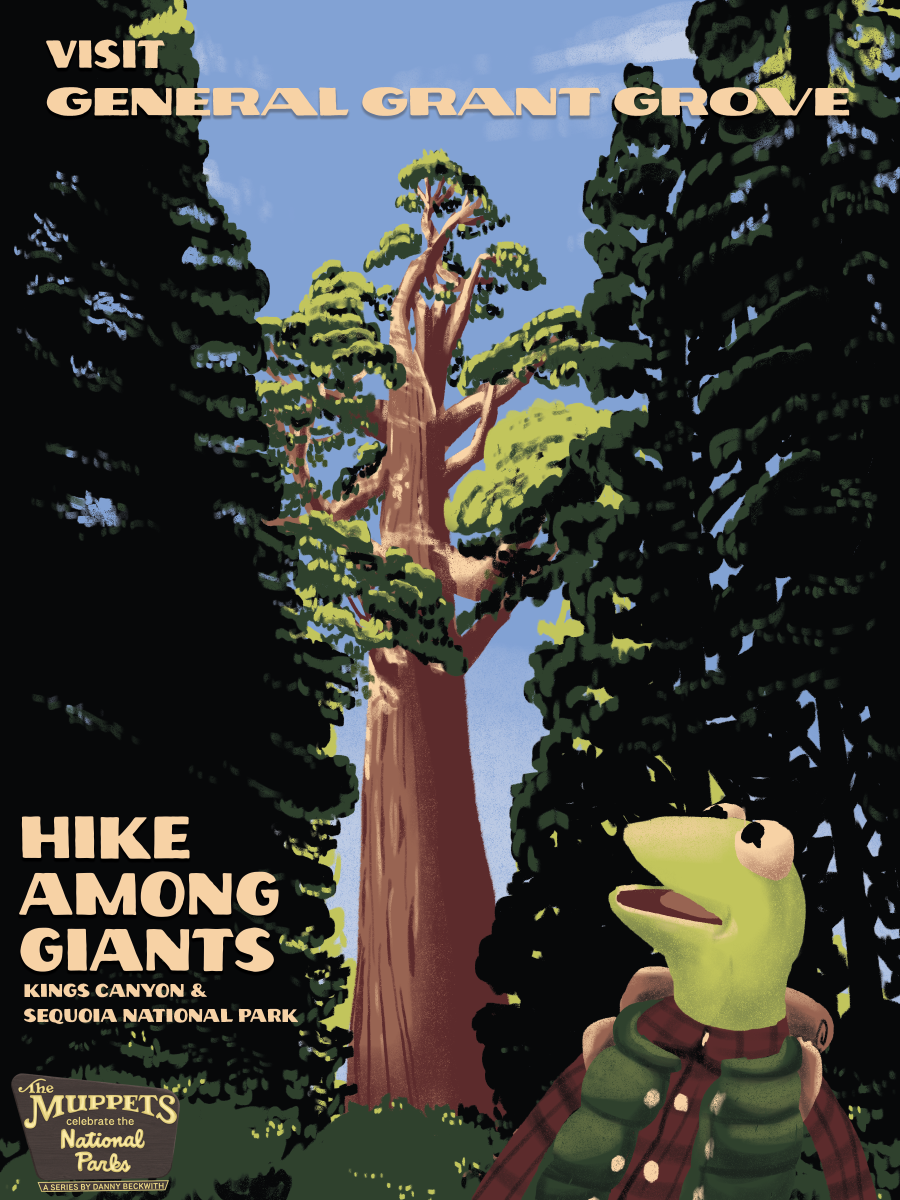 A national parks poster with Kermit hiking under sequoia trees