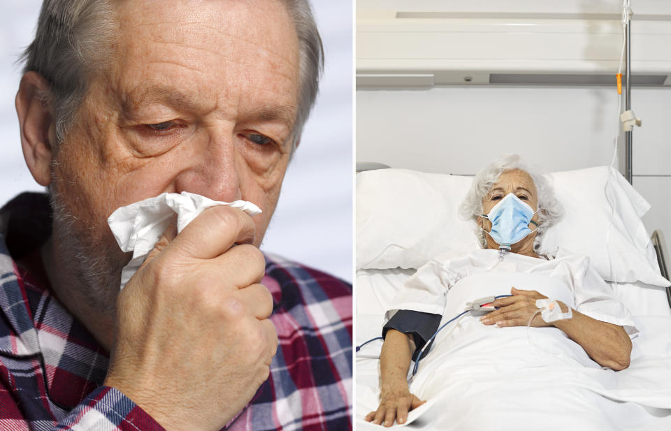 An older man blowing his nose (left) and an older woman in hospital (right)