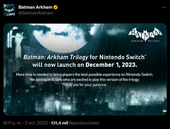 <em>Batman: Arkham Trilogy</em> para Switch se retrasa