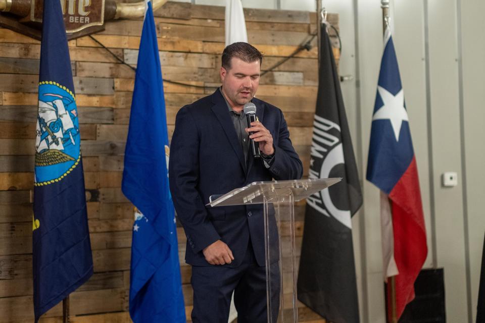 Blake Siebrecht  Of BOOM speaks about the purpose of the Armed Forces Day Banquet Saturday at the Shop Venue in SE Amarillo.