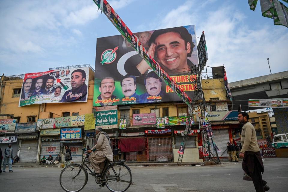 Election posters for Pakistan People’s Party (PPP) chairman Bilawal Bhutto Zardari in Rawalpindi (AFP via Getty Images)