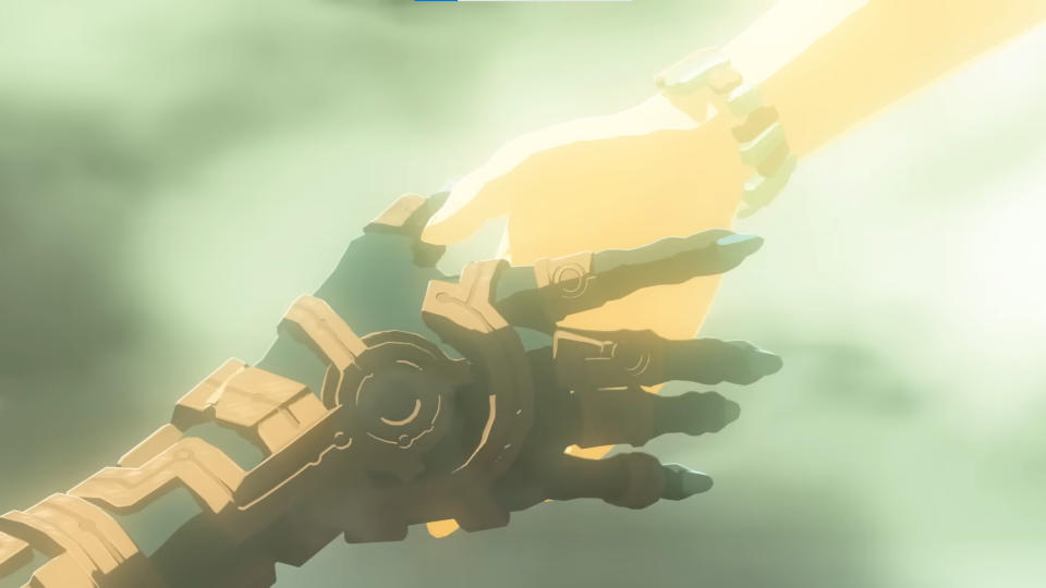 Link's outstretched, corrupted hand reaching for a glowing woman's hand