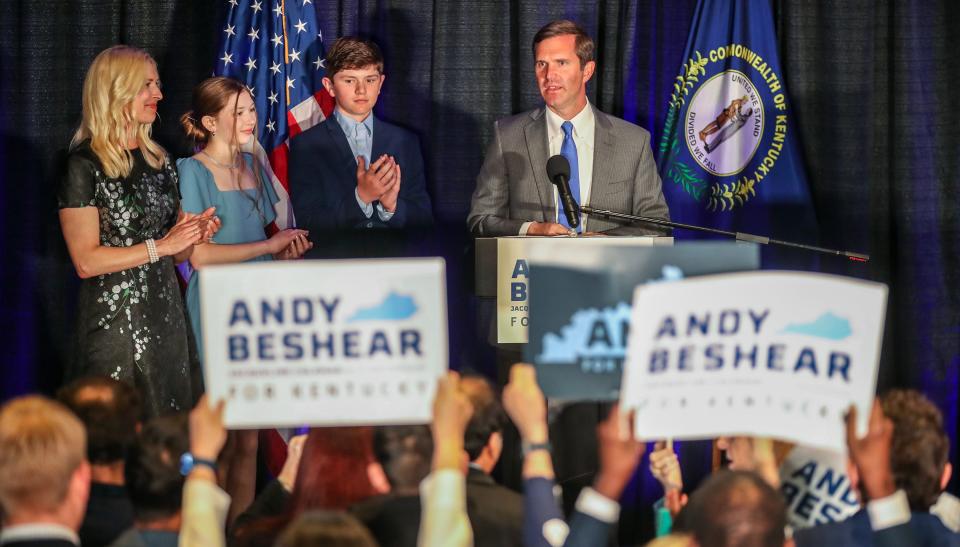 Governor Andy Beshear takes the stage in Frankfort to accept the Democratic nomination for Governor on Tuesday, May 16, 2023.  At his side was wife, Britainy, son, Will, and daughter, Lila.