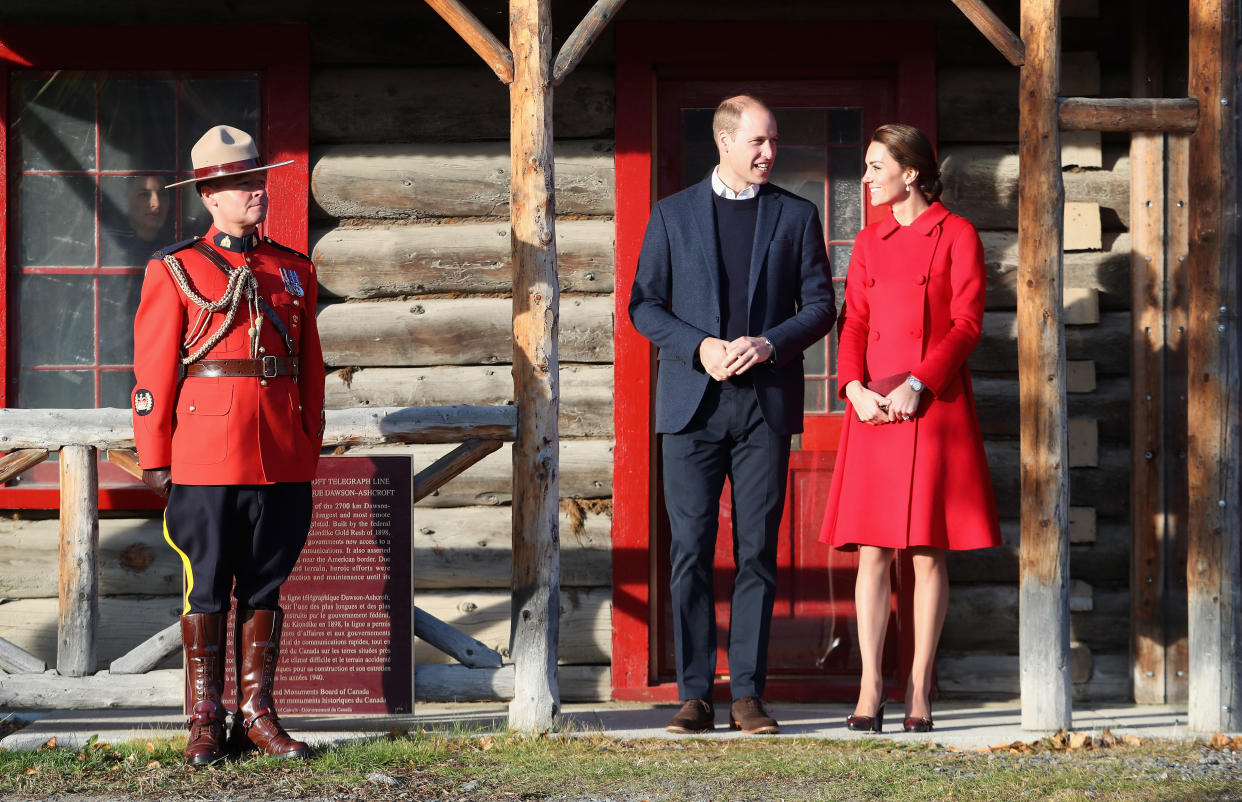 WHITEHORSE, BC - SEPTEMBER 28:  Catherine, Duchess of Cambridge and Prince William, Duke of Cambridge leave McBride Museum during the Royal Tour of Canada on September 28, 2016 in Whitehorse, Canada. Prince William, Duke of Cambridge, Catherine, Duchess of Cambridge, Prince George and Princess Charlotte are visiting Canada as part of an eight day visit to the country taking in areas such as Bella Bella, Whitehorse and Kelowna  (Photo by Chris Jackson/Getty Images)