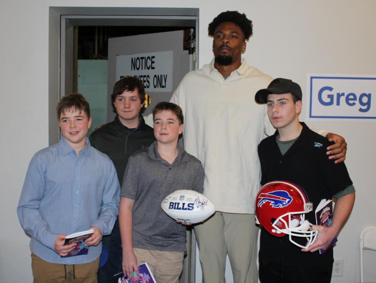 Buffalo Bills defensive end Gregory Rousseau interacts with fans at the 48th annual Hornell Sports Night Saturday, April 13, 2024 at The Main Place. The event supports the Special Olympics.