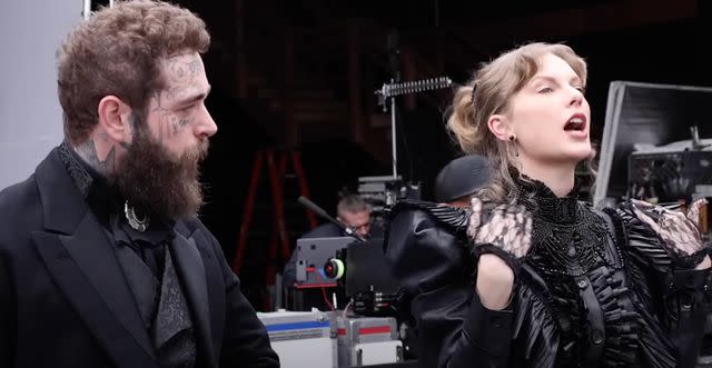 <p>Taylor Swift/YouTube</p> Taylor Swift and Post Malone behind-the-scenes of their "Fortnight" music video