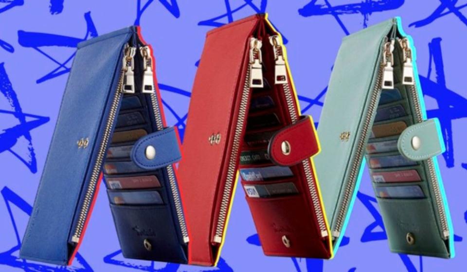 three wallets in blue, red and green