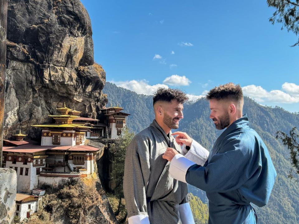 Stefan and Sebastien at the Tigers Nest Monastery in Bhutan (Nomadic Boys)