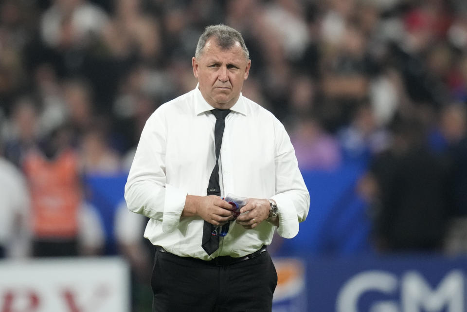 New Zealand's head coach Ian Foster stands on the pitch ahead of the Rugby World Cup Pool A match between France and New Zealand at the Stade de France in Saint-Denis, north of Paris, Friday, Sept. 8, 2023. (AP Photo/Christophe Ena)