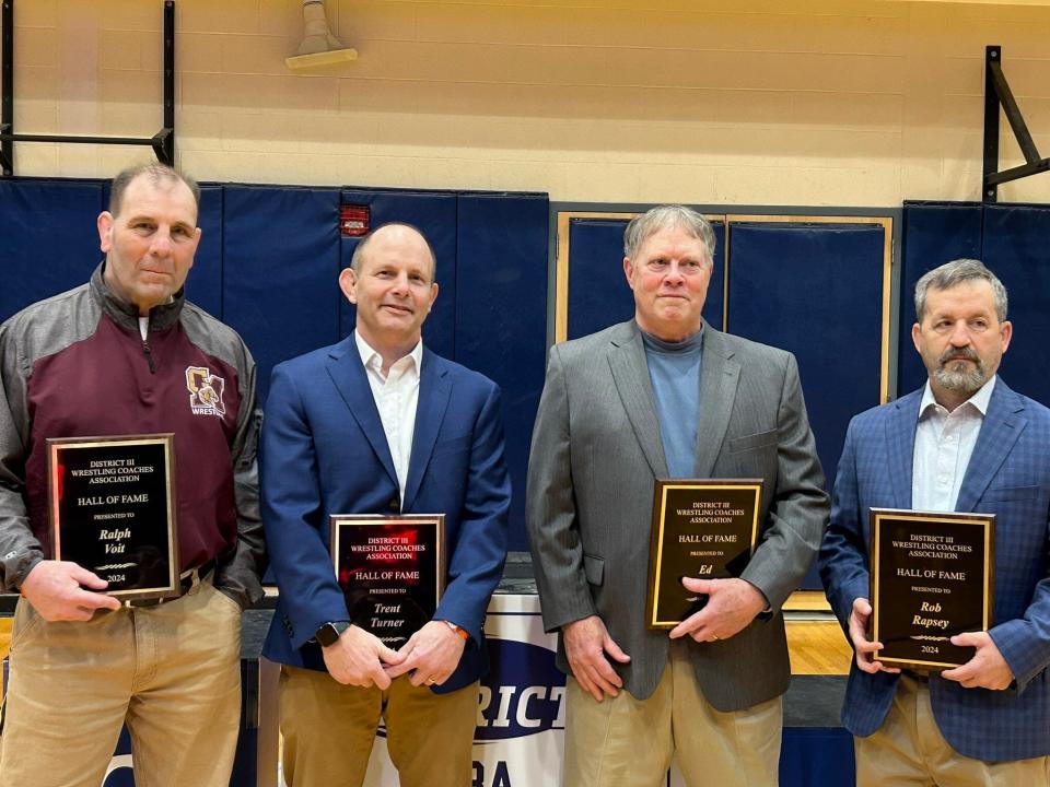 Former Chambersburg Sports Editor Ed Gotwals, second from right, was recently inducted into the District 3 Wrestling Coaches Association Hall of Fame. Also inducted was from left, Ralph Voit, Governor Mifflin; Trent Turner, Conestoga Valley and Rob Rapsey, Cedar Cliff.