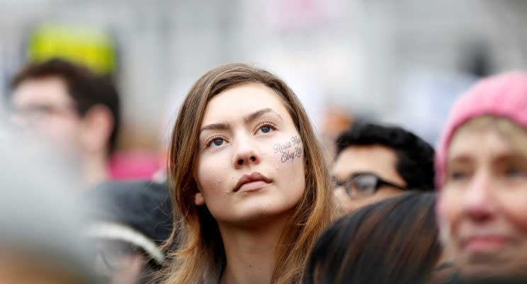 SAN FRANCISCO, CA- JANUARY 21: Nearly 50,000 people gather at City Hall to protest President Donald Trump and to show support for women's rights in San Francisco on January 21, 2017. Thousands of protesters demonstrated across the US against the US President Donald Trump after Trump was sworn in as the 45th U.S. president. (Photo by Tayfun Coskun/Anadolu Agency/Getty Images)