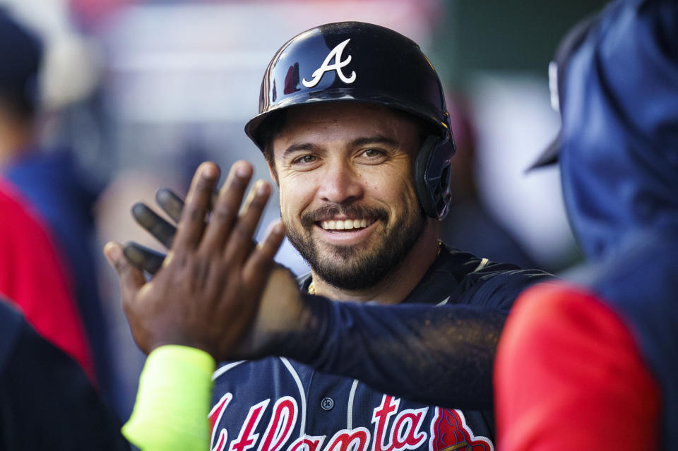 Atlanta Braves' Travis d'Arnaud celebrates his run with teammates during the second inning of a baseball game against the Philadelphia Phillies, Saturday, Sept. 24, 2022, in Philadelphia. (AP Photo/Chris Szagola)