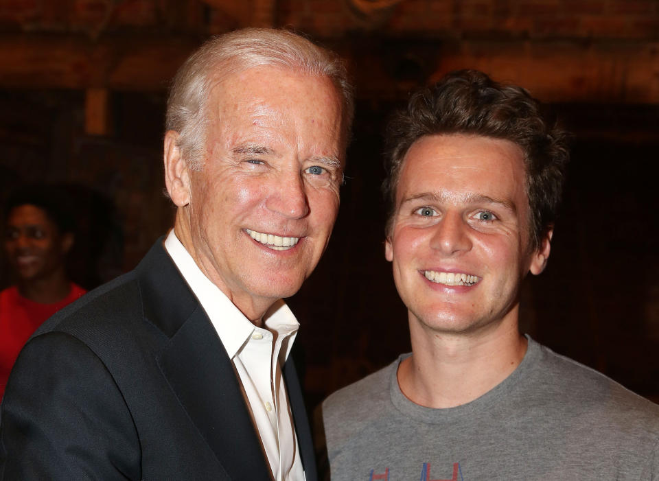 NEW YORK, NY - JULY 27:  Vice President of the United States Joe Biden and Jonathan Groff pose backstage at the hit new musical 'Hamilton' on Broadway at The Richard Rogers Theater on July 27, 2015 in New York City.  (Photo by Bruce Glikas/FilmMagic)