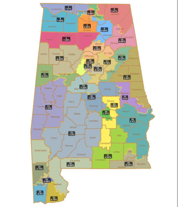 The new Alabama Senate district map as approved by the Alabama Legislature in a November 2021 special election. Map courtesy the Alabama Secretary of State.