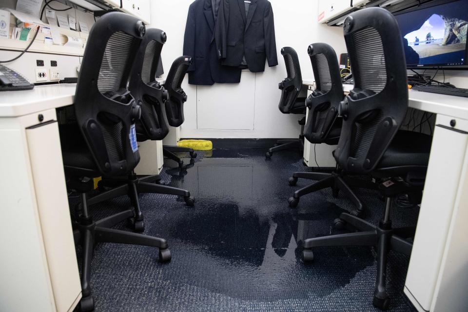 Flooding is seen in the basement of the White House briefing room in Washington, D.C, on July 8, 2019, as widespread dangerous flash flooding was occurring throughout the DC metro area, including in downtown Washington DC. (Photo: Nicholas Kamm/AFP/Getty Images)