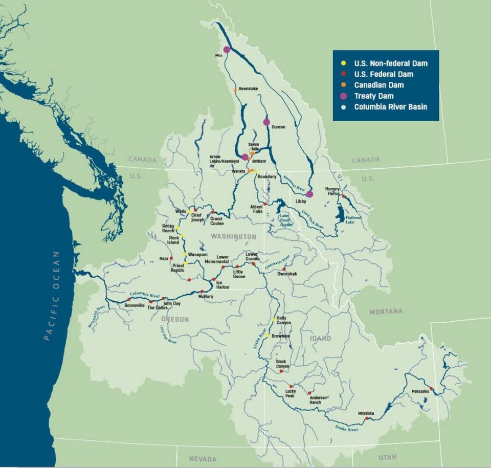 Dams in the Columbia River Basin are shown, including the Columbia River Treaty dams.