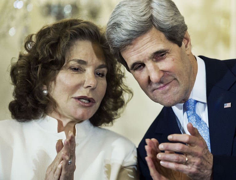 Teresa Heinz Kerry (L) and husband John Kerry, the US Secretary of State, in Washington, DC on February 6, 2013. Heinz Kerry was hospitalized with an unknown illness after reportedly being rushed by ambulance for treatment in a "critical condition"