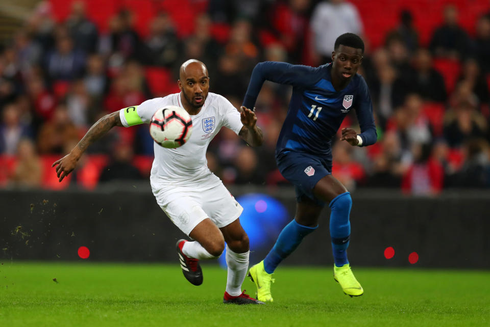 LONDON, ENGLAND - NOVEMBER 15: Fabian Delph of England competes with Tim Weah of USA during the International Friendly match between England and United States at Wembley Stadium on November 15, 2018 in London, United Kingdom. (Photo by Catherine Ivill/Getty Images) 