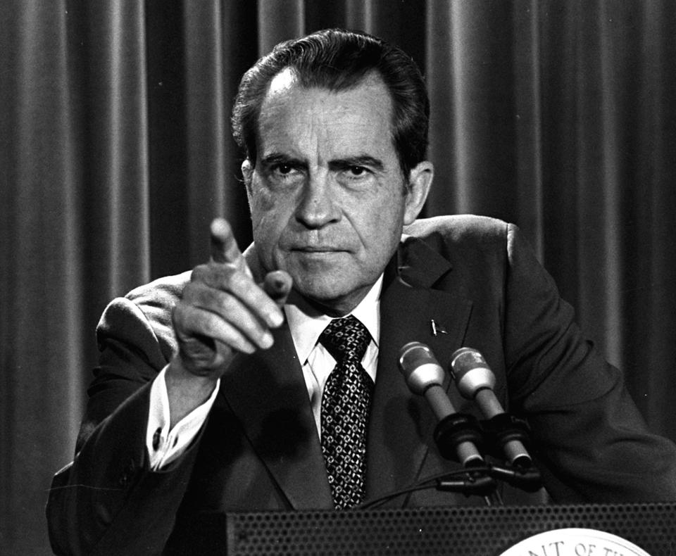 <p>President Nixon tells a White House news conference that he will not allow his legal counsel, John Dean, to testify on Capitol Hill in the Watergate investigation, and challenged the Senate to test him in the Supreme Court on March 15, 1973. A feisty Nixon defended his shredded legacy and Watergate-era actions in grand jury testimony that he thought would never come out. On Thursday, Nov. 10, 2011, it did. (Photo: Charles Tasnadi/AP) </p>