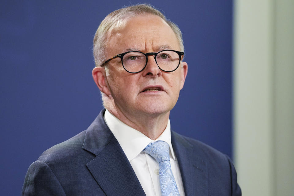 FILE - Australian Prime Minister Anthony Albanese speaks during a news conference in Sydney, Australia, on June 10, 2022. Albanese on Tuesday, Aug. 16, accused his predecessor Scott Morrison of “trashing democracy” after revealing that while Morrison was in power, he took on five ministerial roles without the knowledge of most other lawmakers or the public. (AP Photo/Mark Baker, File)