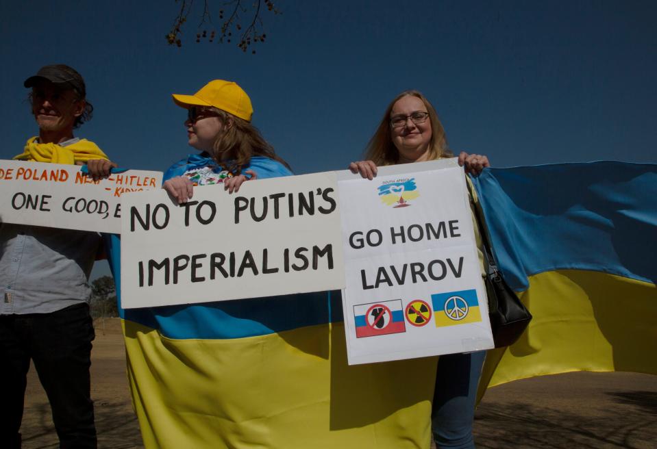 Ukrainian supporters protest near the venue of the BRICS Summit in Sandton, Johannesburg, on Aug. 22, 2023.
