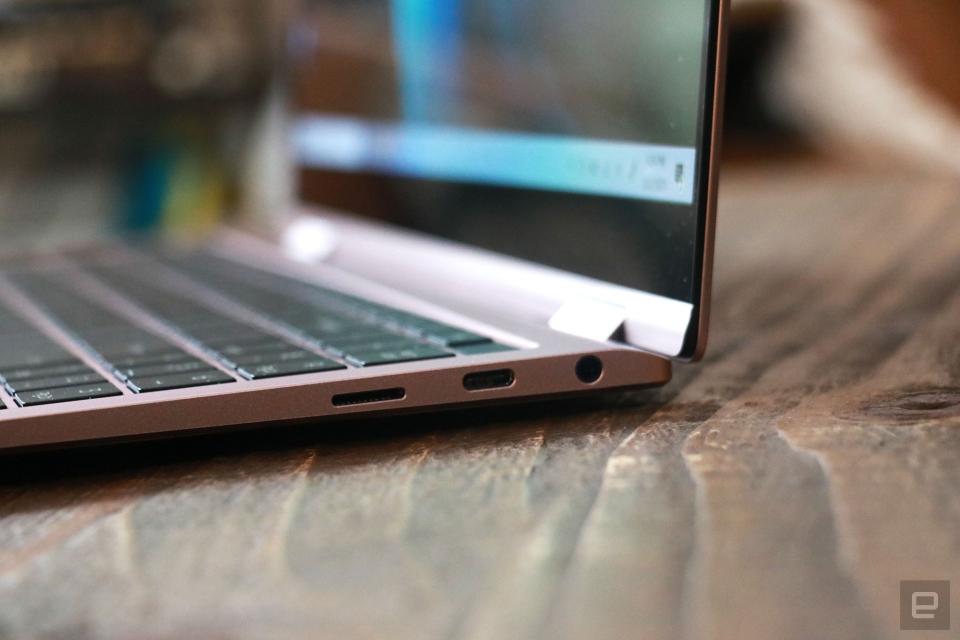 <p>Samsung Galaxy Book Pro 360 review pictures. Close up shot of the ports on the Book Pro 360's right side. There's a USB C port, a headphone jack and a microSD card slot.</p> 