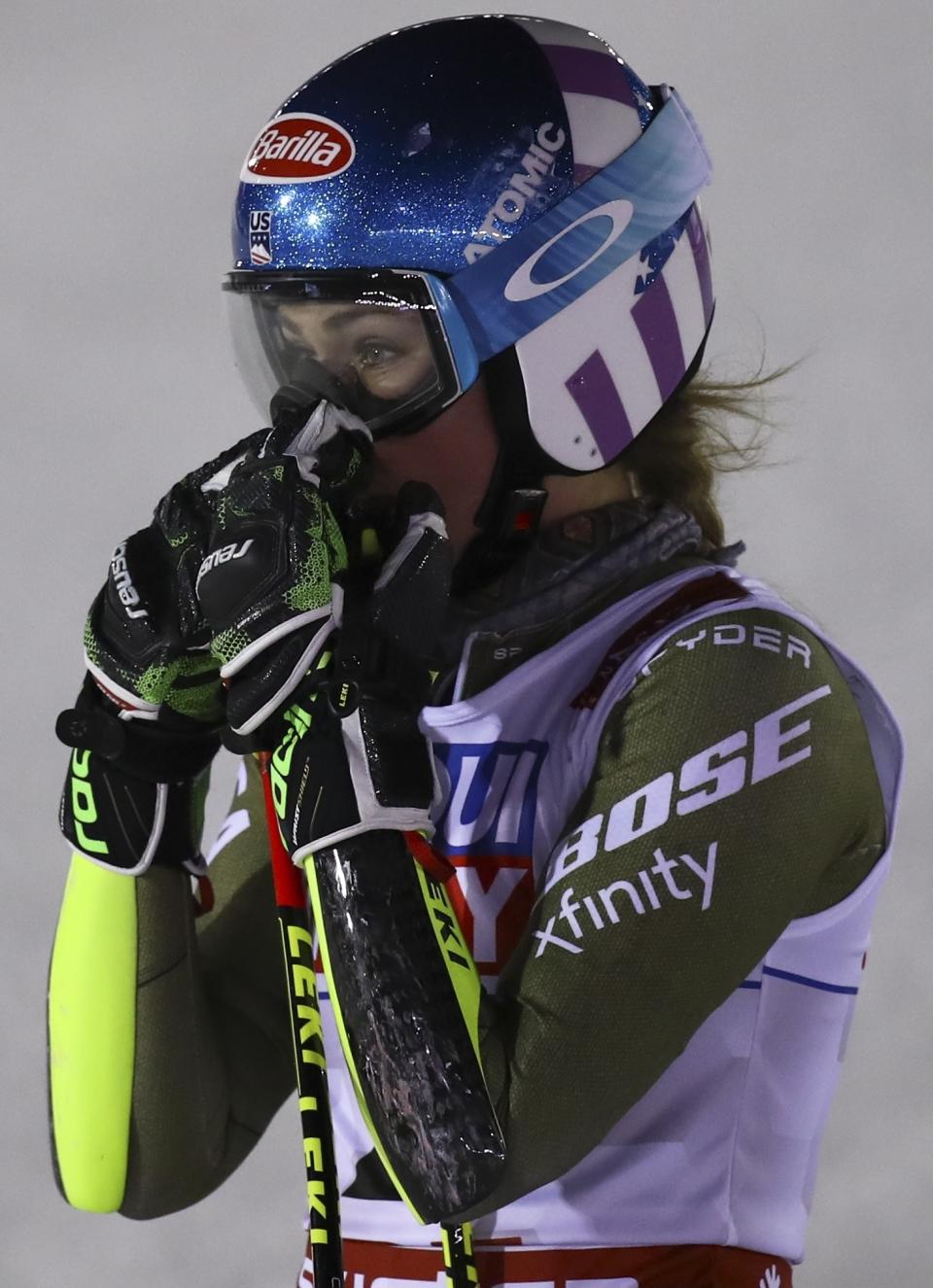 United States' Mikaela Shiffrin reacts after finishing third in the women's giant slalom, at the alpine ski World Championships in Are, Sweden, Thursday, Feb. 14, 2019. (AP Photo/Alessandro Trovati)