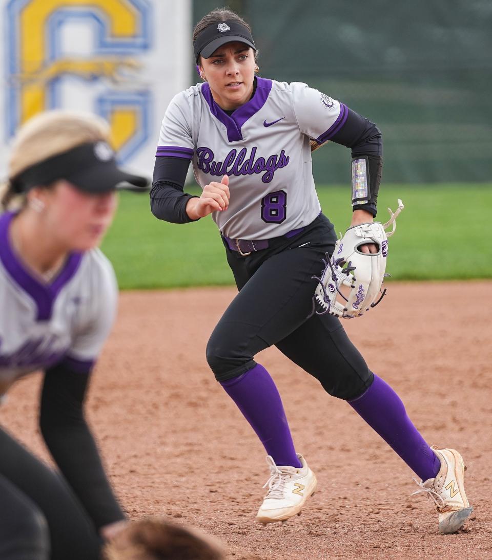 Brownsburg Hailey Thompson (8) rushes up the field Saturday, April 22, 2023 at Cherry Tree Softball Complex in Carmel. 