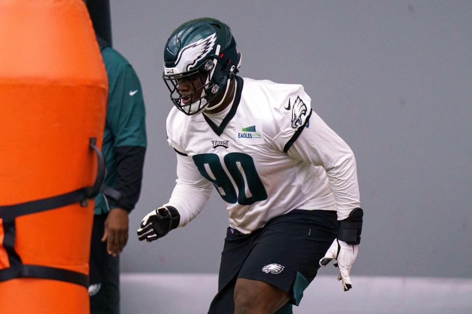 Philadelphia Eagles' Jordan Davis runs a drill during NFL rookie football minicamp, Friday, May 6, 2022, in Philadelphia. (AP Photo/Christopher Szagola)